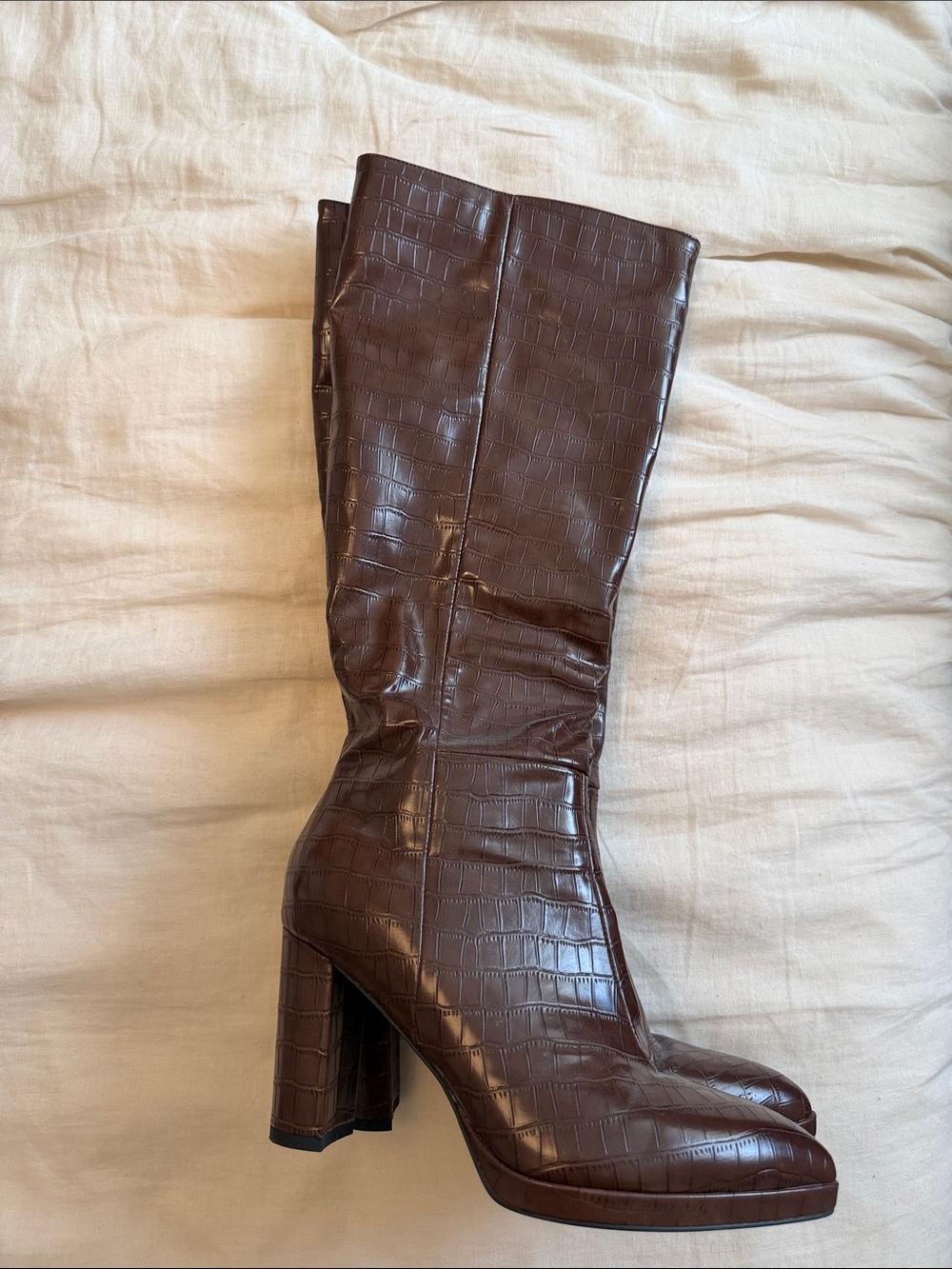 Women’s Brown Croc-Embossed Knee Boots